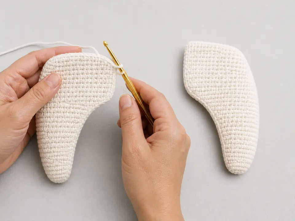Hands crocheting a tapered white side shell that fits over a black controller handle