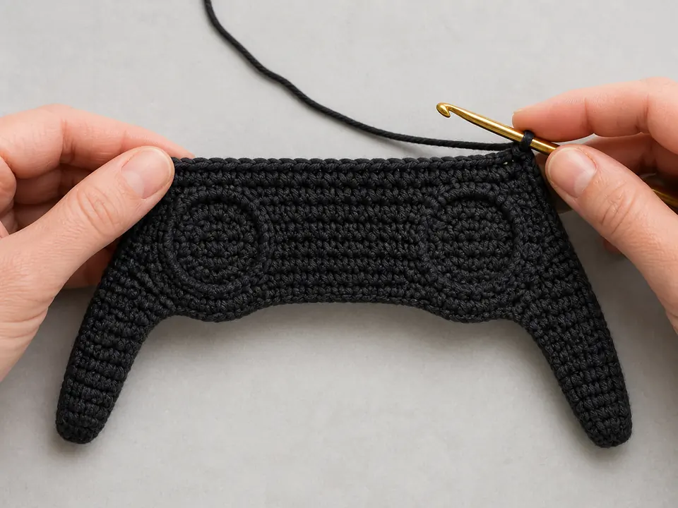 Hands crocheting the charcoal center silhouette and tapered handle of the game controller