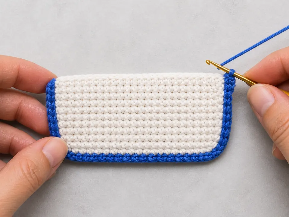 Hands adding a royal blue slip-stitch border to the white upper panel of a crochet controller