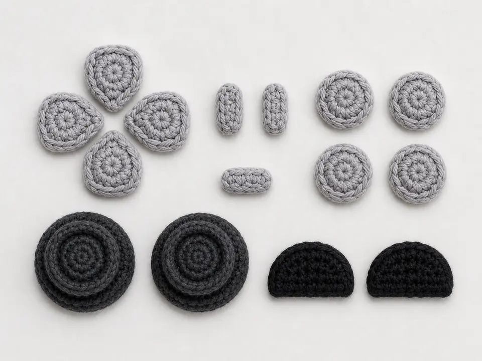Separate crochet joystick discs, gray teardrop D-pad petals, round face buttons, small ovals, and black shoulder pieces