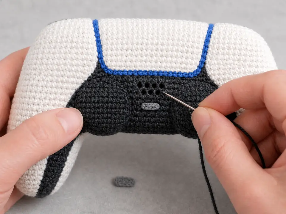 Close-up of a yarn needle making small black speaker holes on the charcoal crochet controller center