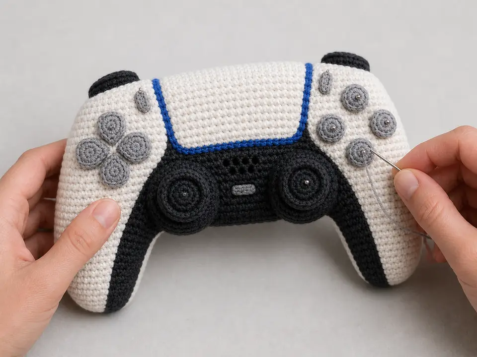 Gray crochet D-pad petals, face buttons, and two black joysticks pinned symmetrically on the controller