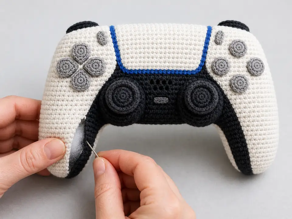 Hands sewing a lightly stuffed white side shell over the black crochet controller base