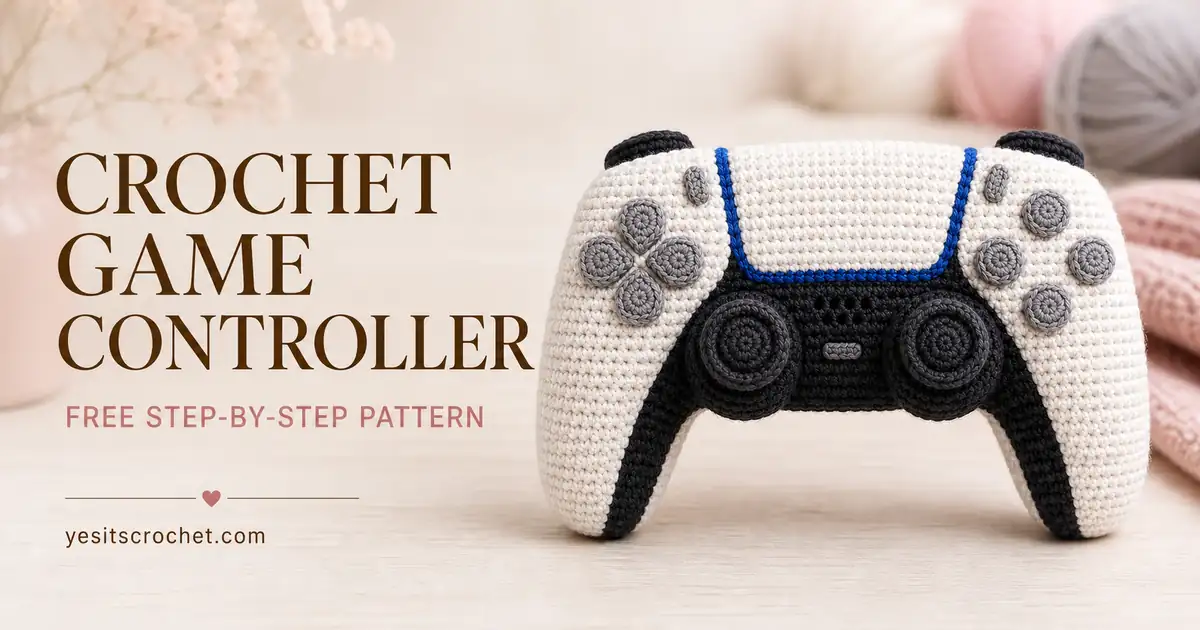 Realistic white, black, gray, and blue crochet game controller with free step-by-step pattern text